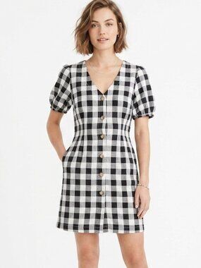 Loft Womens Gingham Dress 4 Black & White Button V-Neck Linen Puff Sleeve Sheath